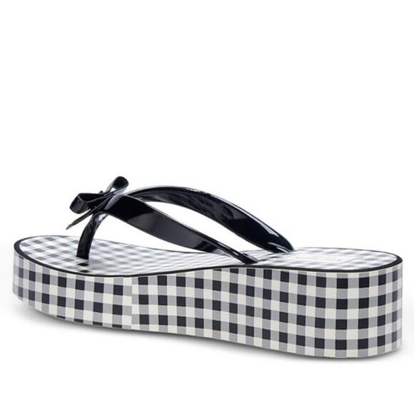 Kate Spade Rina Wedge Flip Flops Black Gingham Bow Sandals Size 7B Women’s - Picture 2 of 14